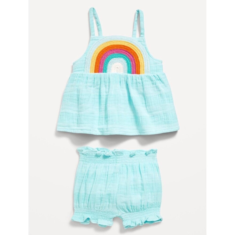 Old Navy 2 Piece Toddler Top + Shorts Set Blue Rainbow Sleeveless 12-18 months